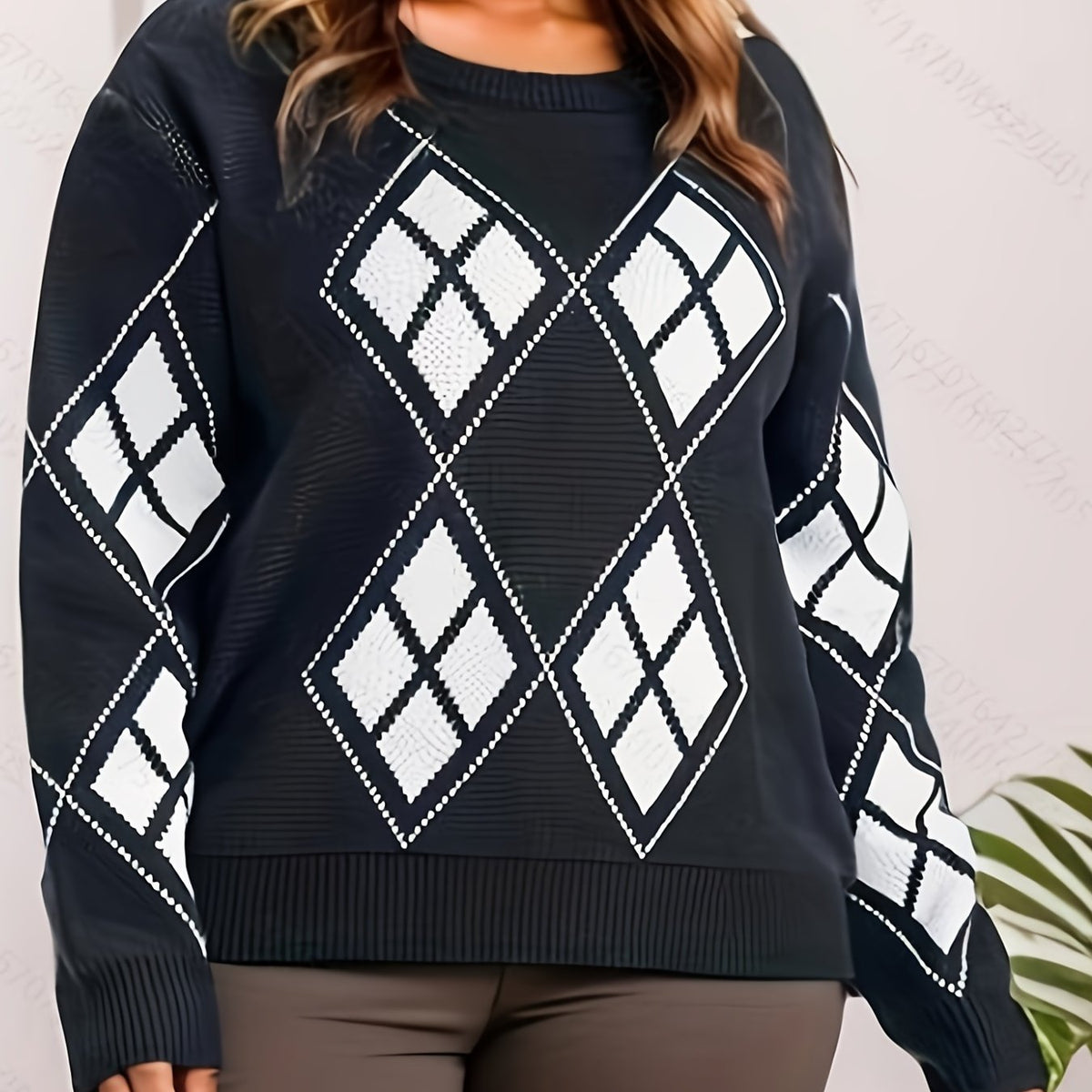  Argyle Print Long Sleeve Sweater