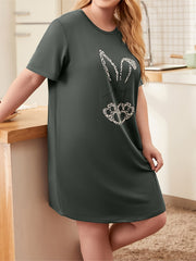  Rabbit Graphic Sleep Dress, Short Sleeve Casual Lounge Dress