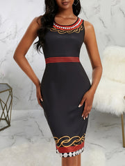  Geometric Print Round Neck Midi Dress