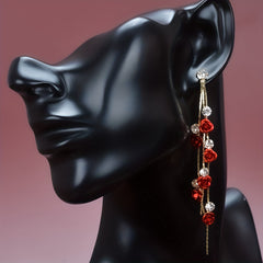Tassel Red Rose Rhinestone Dangle Earrings