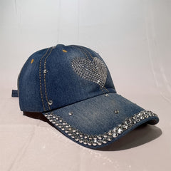 Rhinestone Denim Baseball Cap Studded Bling Heart Hat For Women Girls