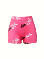  Casual Shorts Women's Plus Allover Letter Print Elastic High Rise