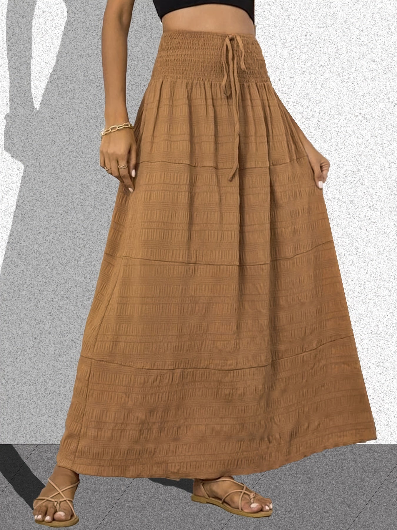  Solid Crinkle Shirred Waist Maxi Skirt