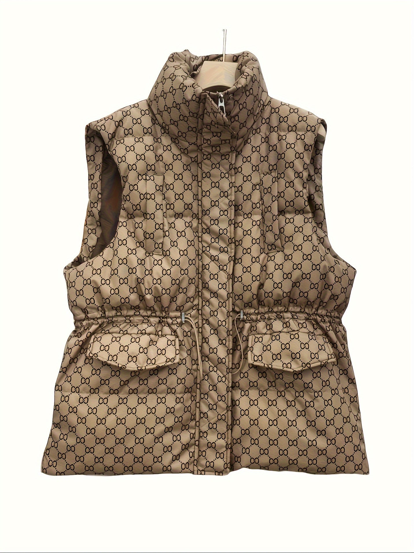 Retro Print Stand Collar Down Vest Lightweight Warm Thickened
