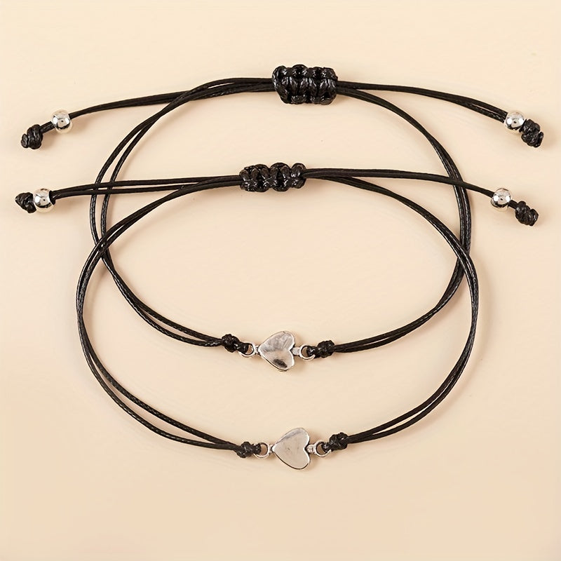 2 Pcs Stackable Heart Bracelet Adjustable Rope Braided Bracelet