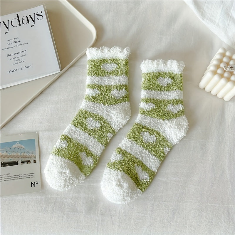 6 Pairs Heart & Stripe Pattern Plush Socks Soft Mid Tube Women's Stockings