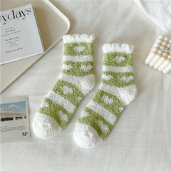 6 Pairs Heart & Stripe Pattern Plush Socks Soft Mid Tube Women's Stockings