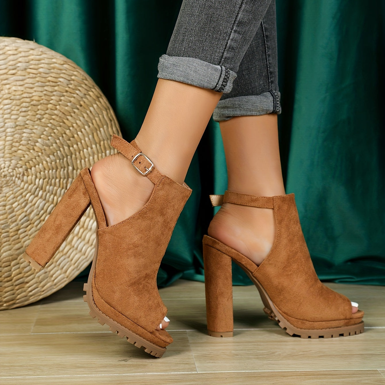 Chunky Heeled Sandals Open Toe Round Toe High Heels Women's Ankle Strap Shoes