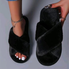 Women's Plush Criss Cross House Slippers Warm Fuzzy Fluffy Open Toe Home Slides