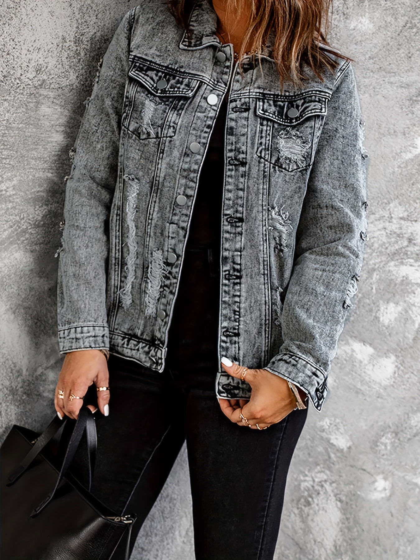  Casual Denim Jacket Women's Washed Ripped Collar Denim Jacket