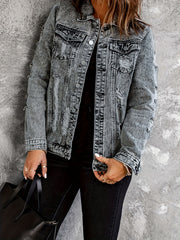  Casual Denim Jacket Women's Washed Ripped Collar Denim Jacket