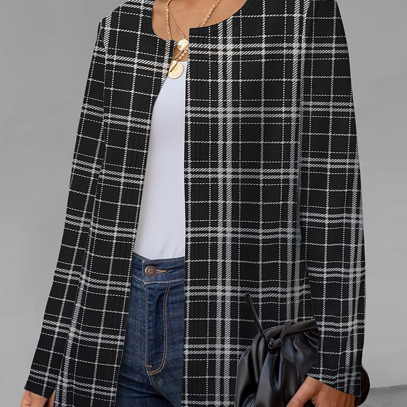 Plaid Print Open Front Jacket Long Sleeve Outerwear