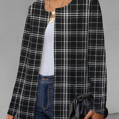 Plaid Print Open Front Jacket Crew Neck Long Sleeve Outerwear