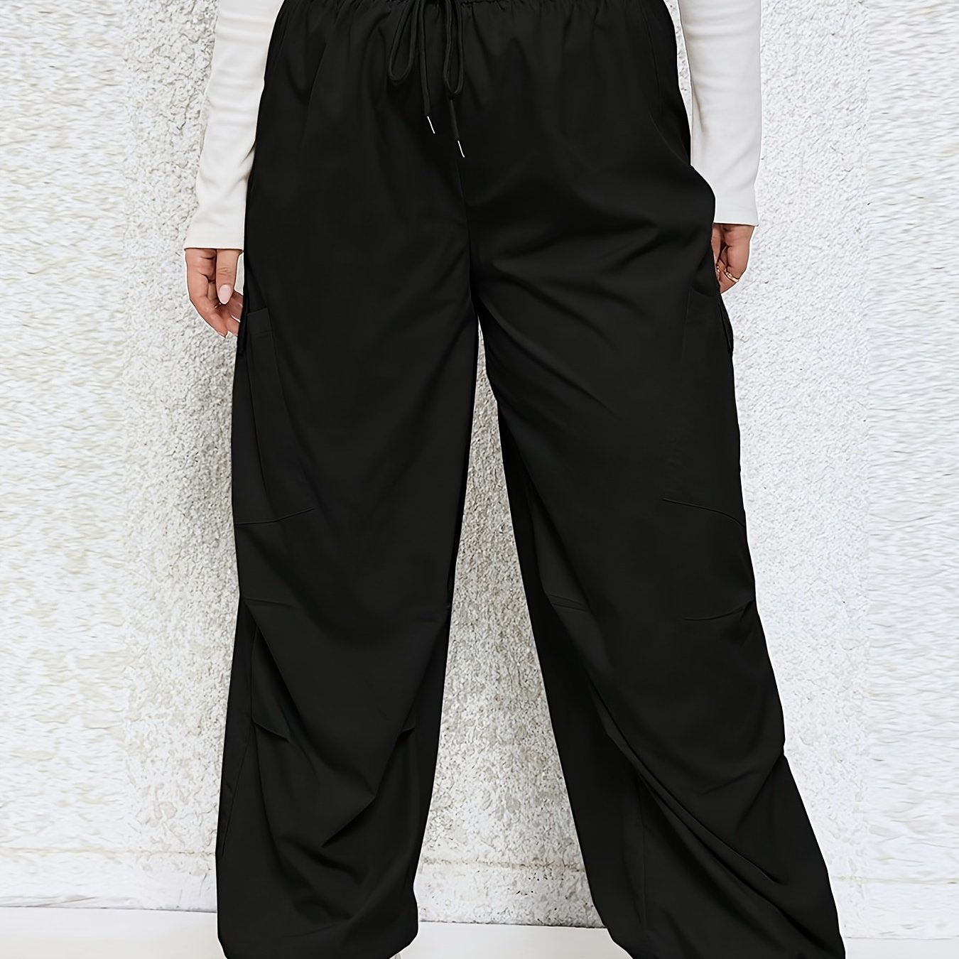  Solid Elastic Drawstring High Rise Wide Leg Cargo Trousers