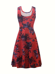  Floral Print Round Neck Stretch Tank Dress