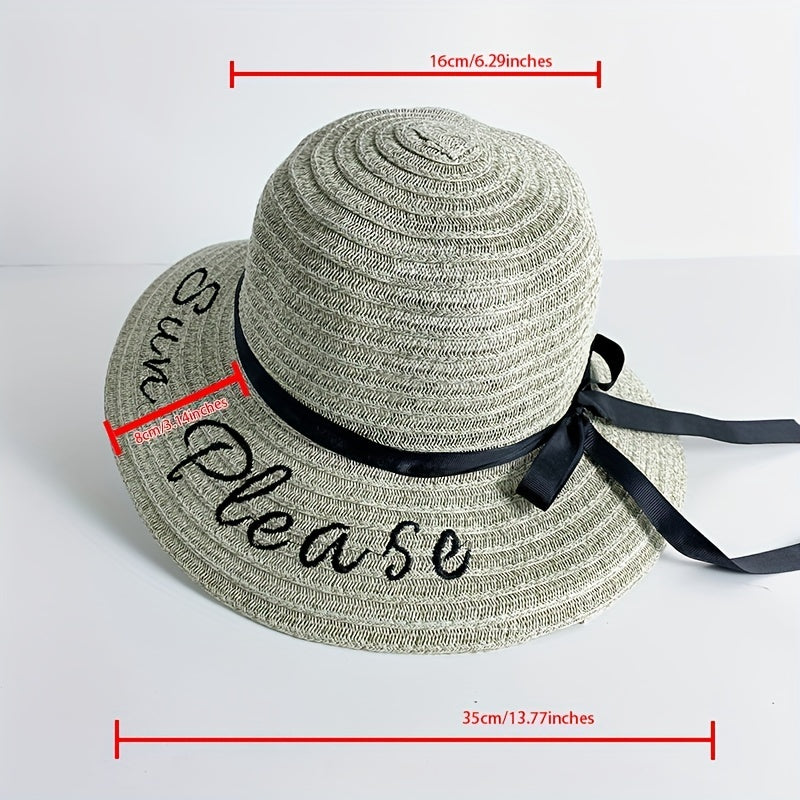 Sun Embroidery Straw Hat Ribbon Bowknot Drawstring Adjustable