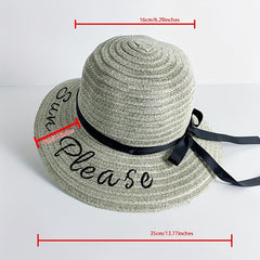 Sun Embroidery Straw Hat Ribbon Bowknot Drawstring Adjustable