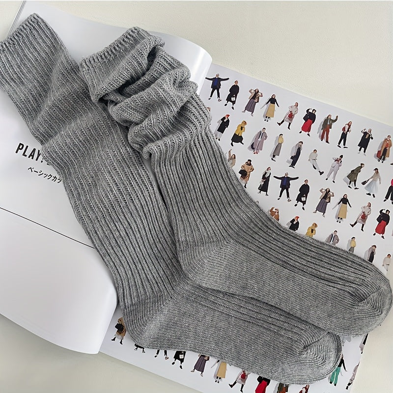 Solid Knitted Calf Socks Knee High Women's Stockings & Hosiery