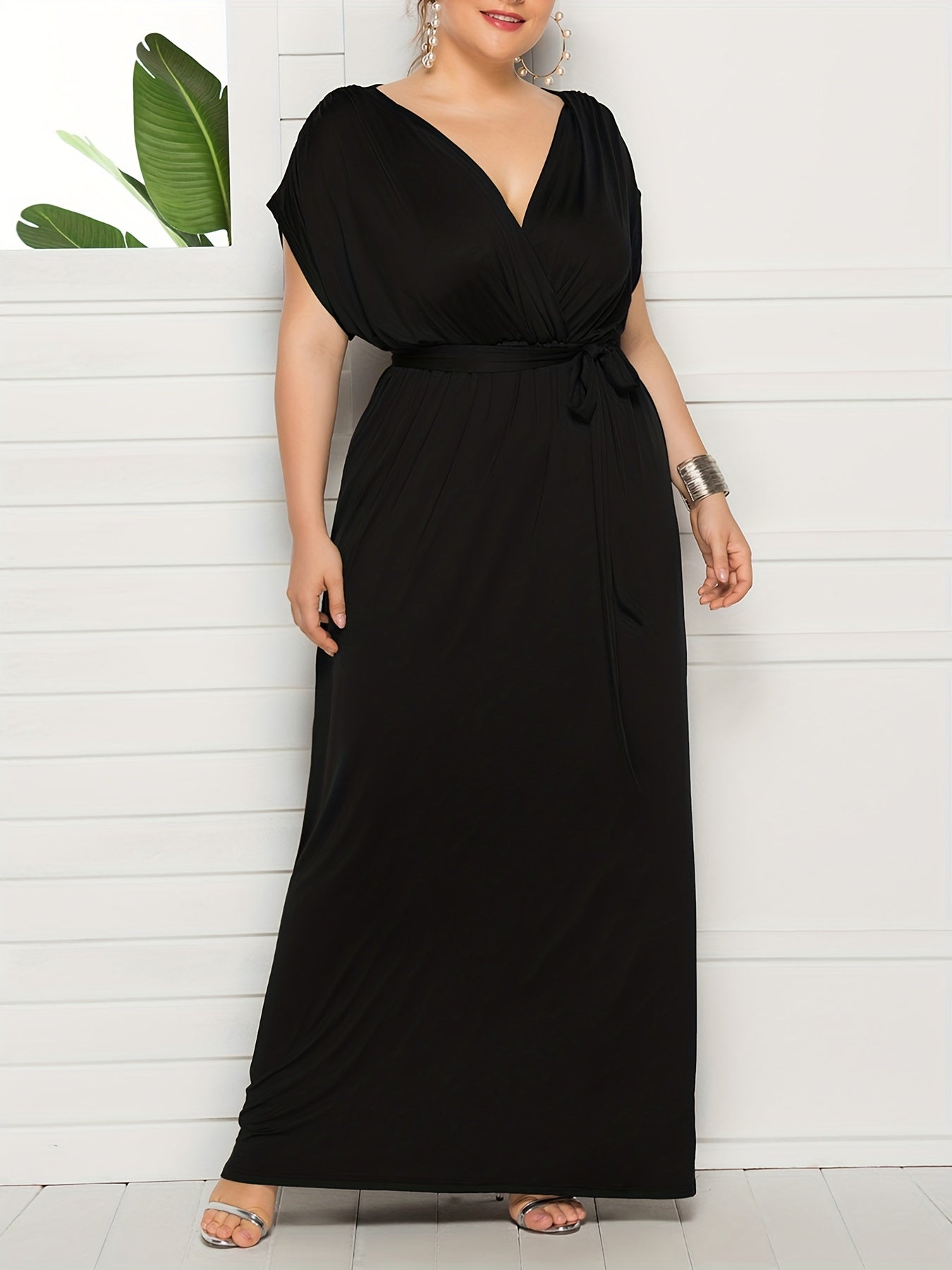  Solid Bat Sleeve Maxi Dress With Belt