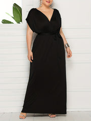  Solid Bat Sleeve Maxi Dress With Belt
