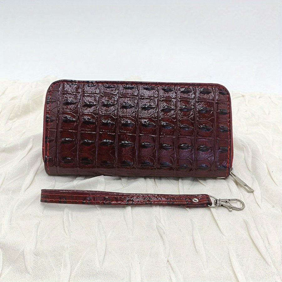 Vintage Crocodile Embossed Long Wallet Zipper Around Coin Purse Faux Leather