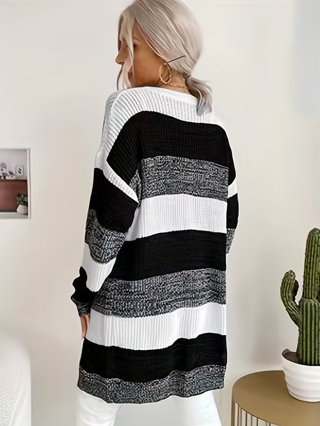  Colorblock Long Sleeve Open Front Casual Cardigan