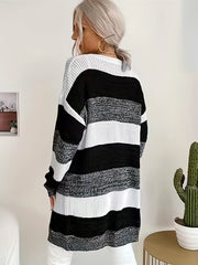  Colorblock Long Sleeve Open Front Casual Cardigan