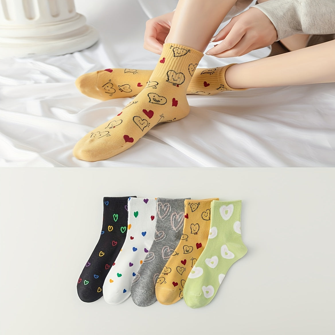 5 Pairs Heart Print Socks Soft & Comfy Short Socks Women's Stockings