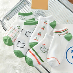 5 Pairs Cartoon Print Socks & Lightweight Low Cut Socks Women's