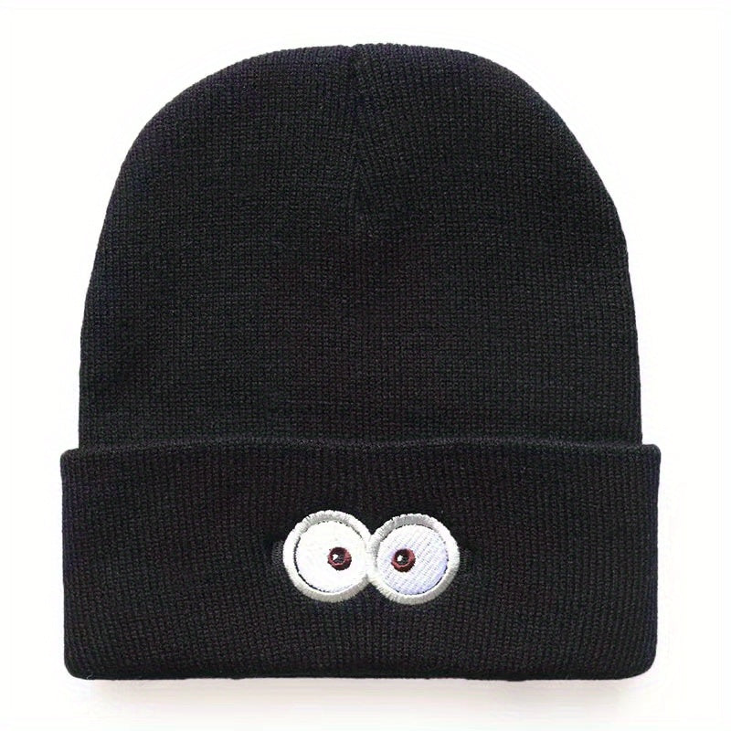 Anime Eyes Glasses Embroidery Wool Beanie Hat, Windproof Knit Cap