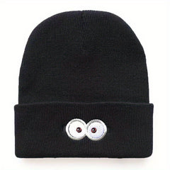 Anime Eyes Glasses Embroidery Wool Beanie Hat, Windproof Knit Cap