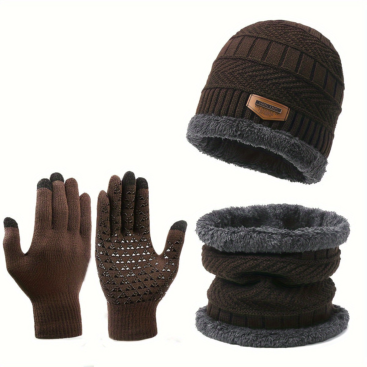 Winter Knit Hat Scarf Gloves Set Fleece Lining Warm Beanie Touch Screen Gloves