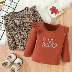 Baby Girl Round Neck Small Sleeve Top 2pcs Leopard Letter Print