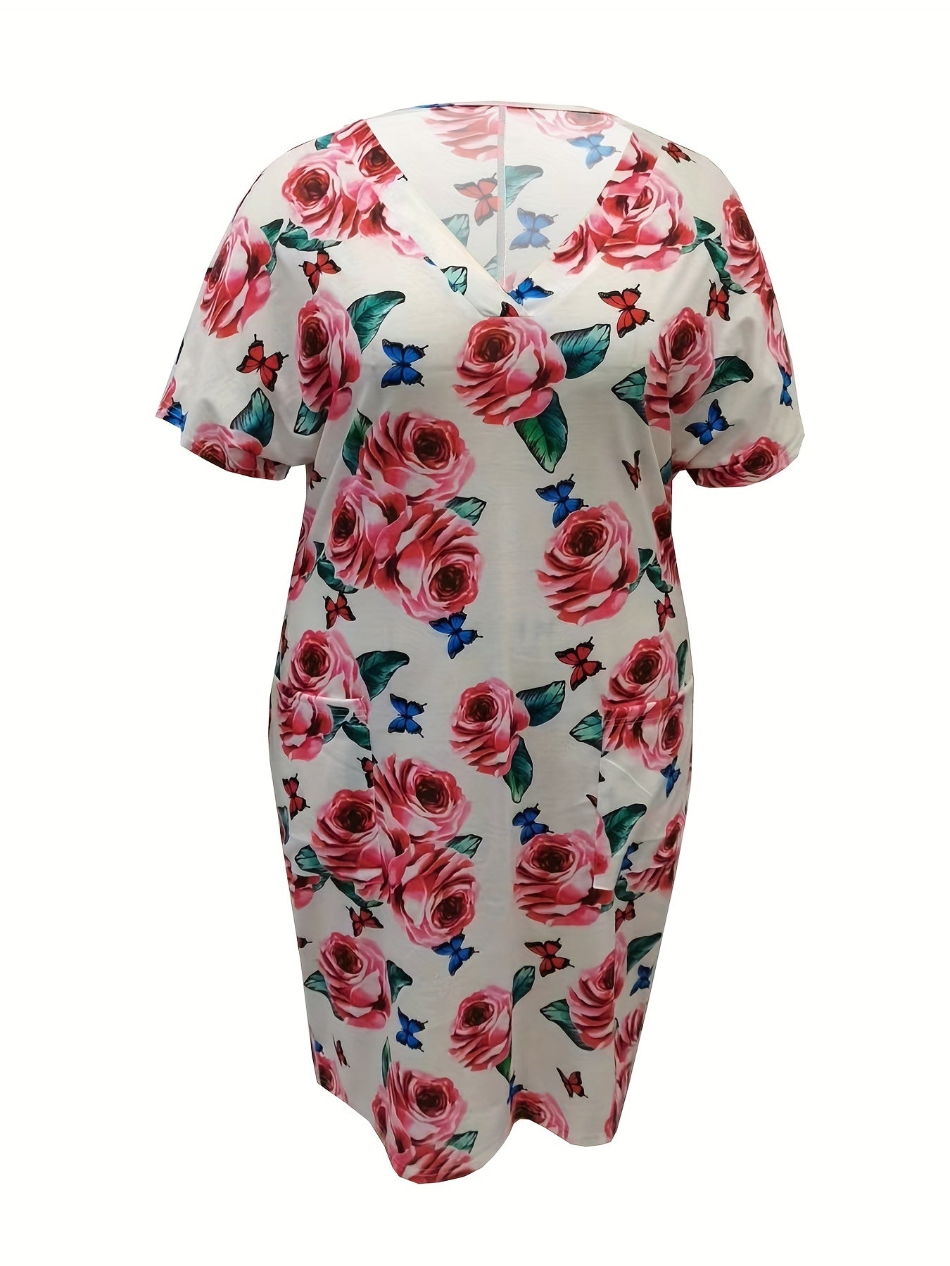 Plus Floral Print Short Sleeve V Neck High Stretch Dress With Pockets