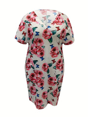 Plus Floral Print Short Sleeve V Neck High Stretch Dress With Pockets