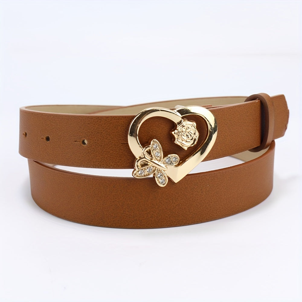 Rose Butterfly Heart Buckle Belt Classic Solid PU Leather Belt For Women
