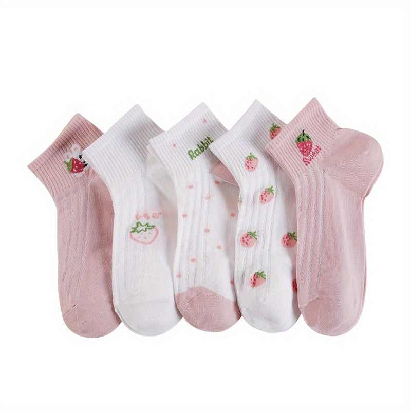 5 Pairs Strawberry Print Crew Short Socks Women's Stockings
