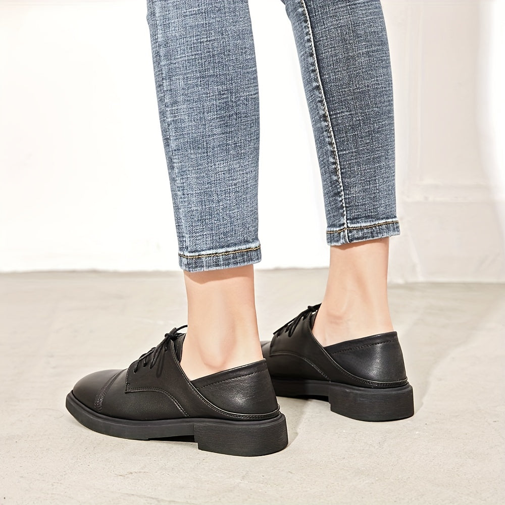 Women's British Style Lace Up Loafers Retro Solid Chunky Shoes