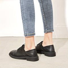 Women's British Style Lace Up Loafers Retro Solid Chunky Shoes