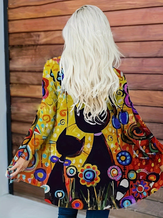  Cat & Floral Print Open Front Cardigan