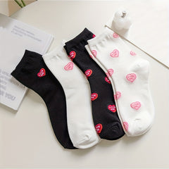 4 Pairs Heart Print Socks Comfy & Breathable Women's Stockings