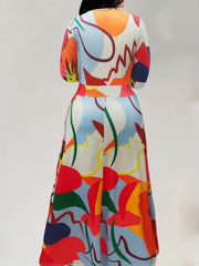  Colorblock Graffiti Print Bell Sleeve Maxi Dress