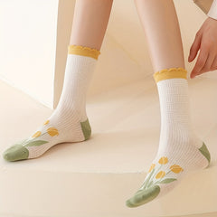5 Pairs Floral Print Socks Women's Stockings & Hosiery