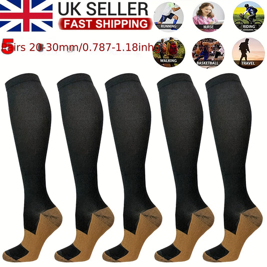 5 Pairs Copper Compression Socks 20-30mmHg Graduated Pressure Striped Pattern
