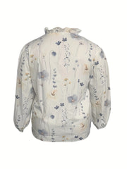 Plus Floral Print Lantern Sleeve V Neck Shirt