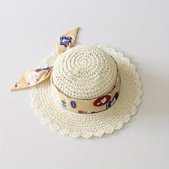Kids Lace Ribbon Straw Hat for Girls Summer Vacation Beach Sun Hat