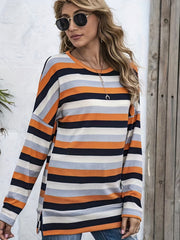  Stripe Print Long Sleeve Round Neck Knit Top