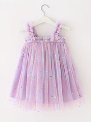 Toddler Girls Sequin Stars Moon Frill Trim Shirred Rainbow Princess Cami Dress