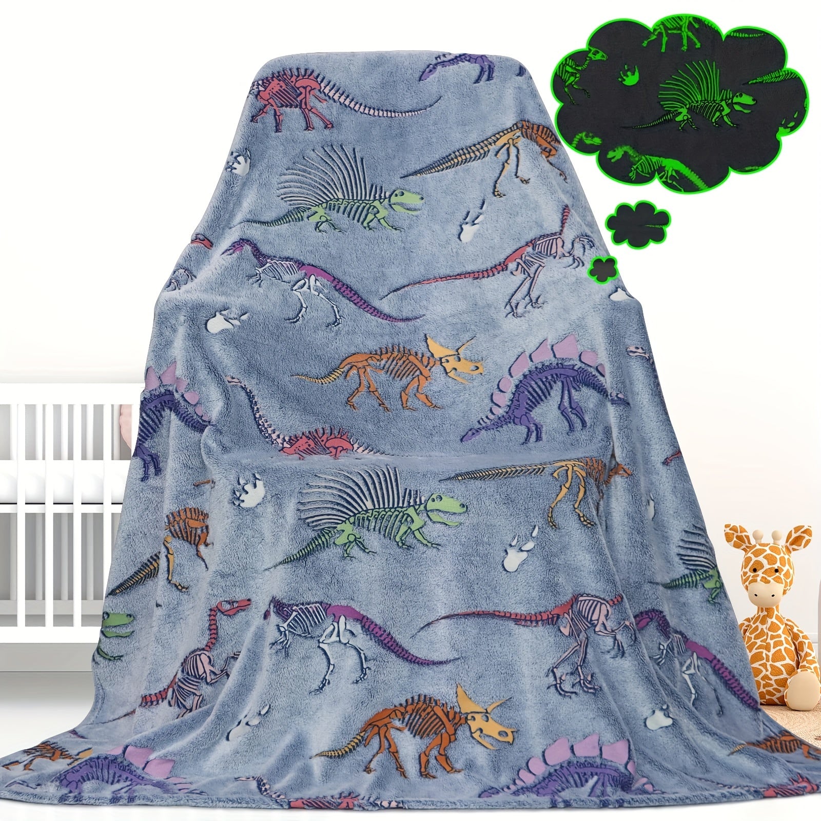 300GSM Glow In The Dark Dino Blanket for Kids Soft Warm Plush Dinosaur Throw