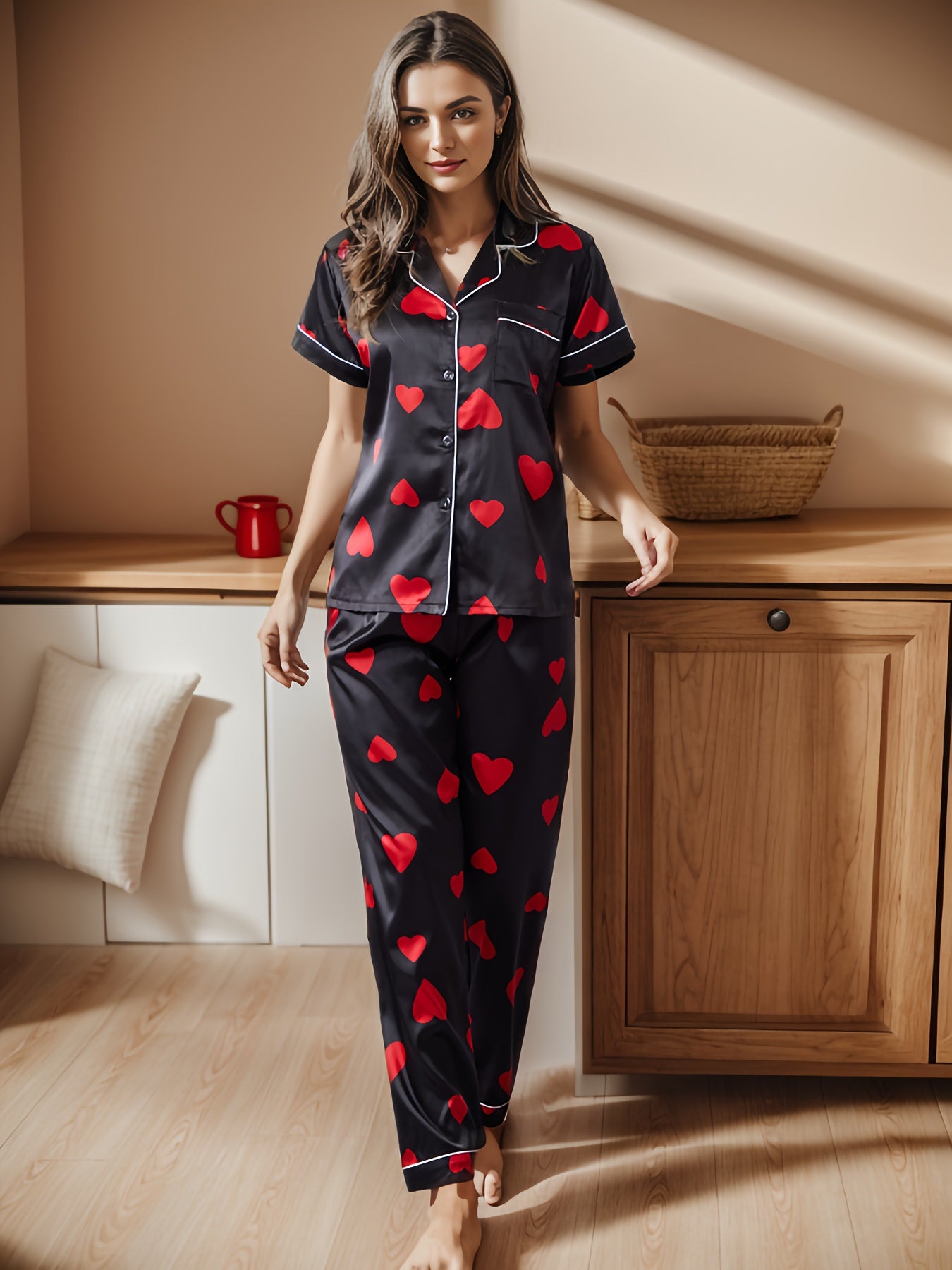 Heart Print Pajama Set Short Sleeve & Elastic Waistband Pants
